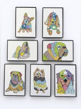 Pop Art Prints Dogs Signed multi-color 7 piece set 4” x 6” each